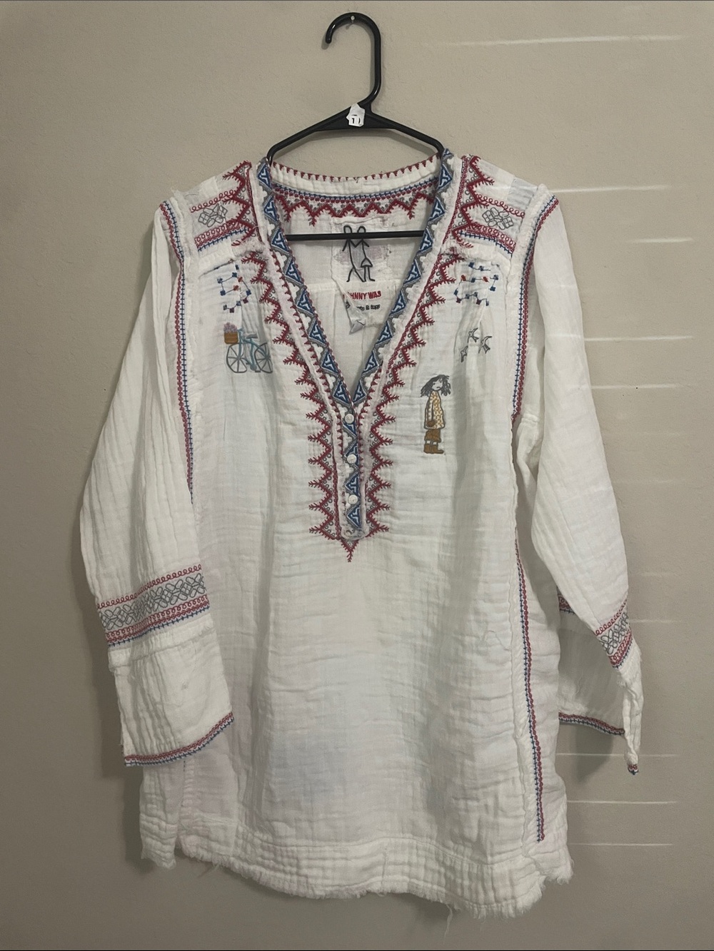 Johnny Was White Gauze Embroidered Button-Down Tunic with Red & Blue Trim